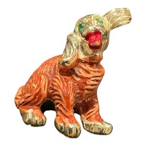 Retro Spaniel Dog Pin Gold Tone Enamel Figural Brooch Green Eyes J18 #2